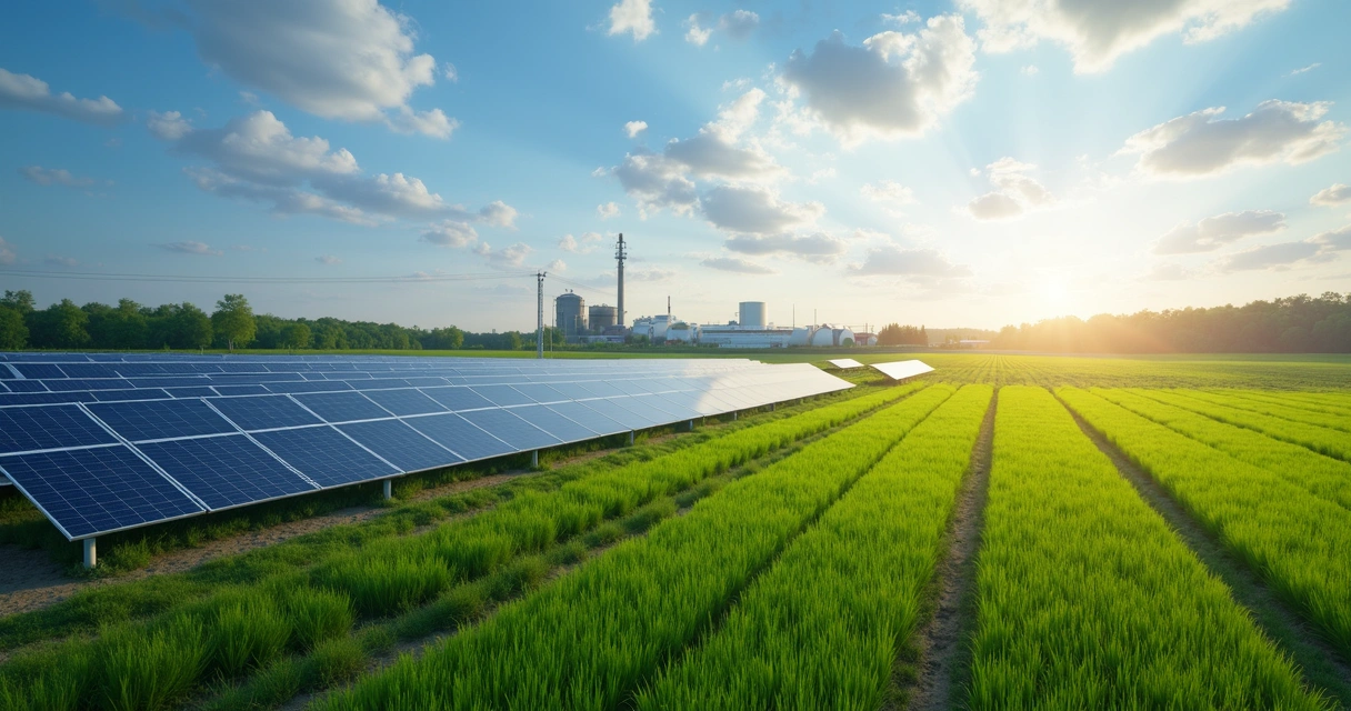 Fazenda rural com painéis solares e instalações de biogás no campo