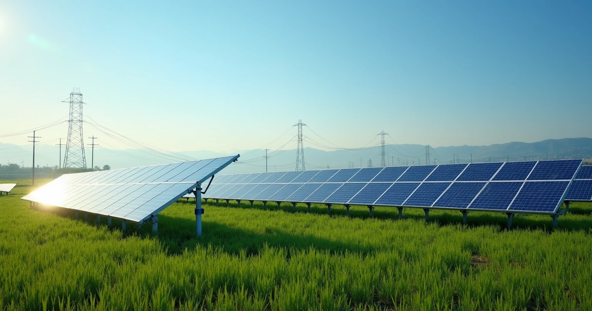 Fazenda de painéis solares com campo verde e postes de energia 