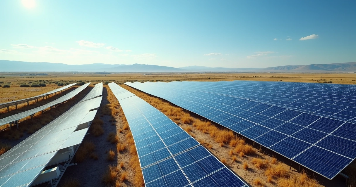 Usina solar de grande porte com placas e paisagem rural ao fundo. 