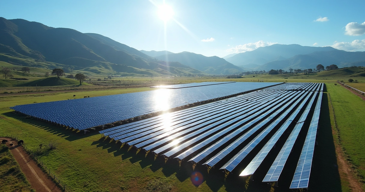 Vista aérea de uma fazenda solar em Minas Gerais, com painéis organizados e montanhas ao fundo 