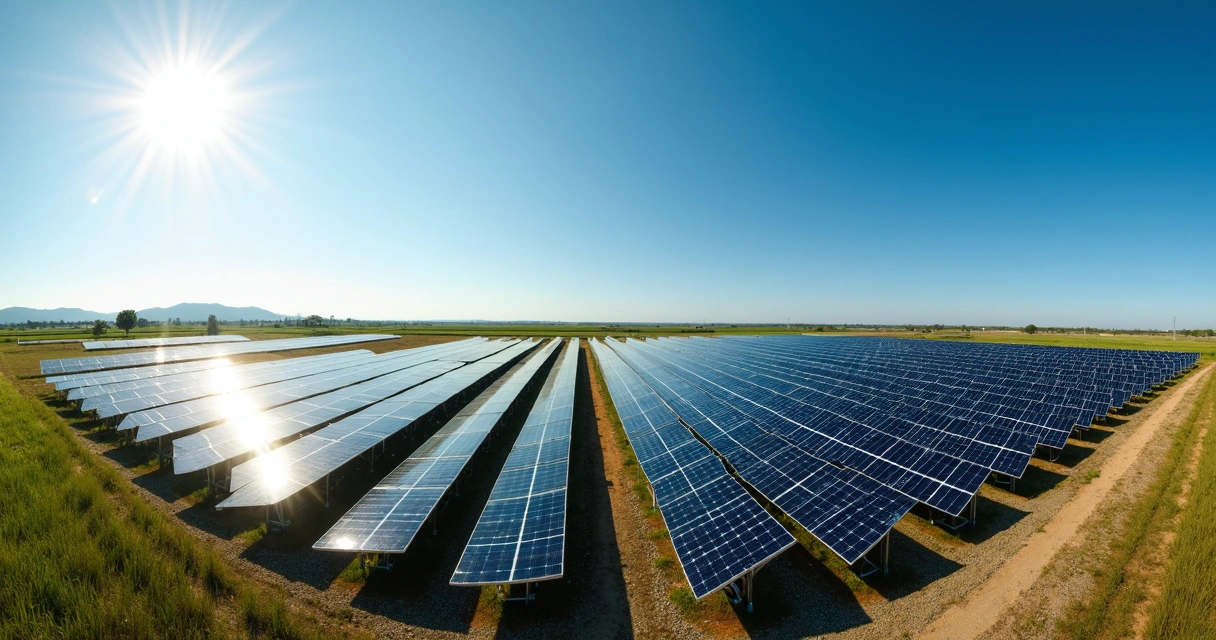 Fazenda solar moderna com placas e céu azul 