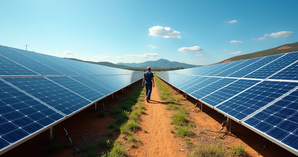 Fazenda solar com fileiras de painéis fotovoltaicos, céu limpo e vegetação ao fundo. 