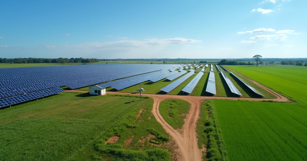 Painéis solares organizados em fileiras em área rural ampla 
