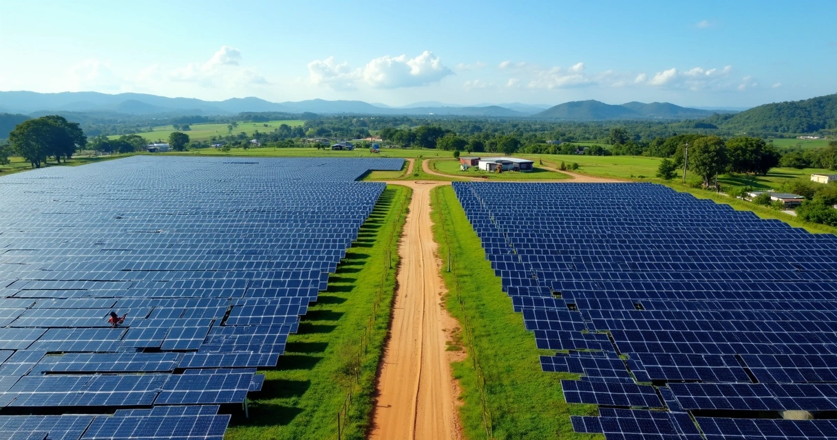 Vista aérea de uma fazenda solar com fileiras de painéis fotovoltaicos e áreas verdes ao redor 