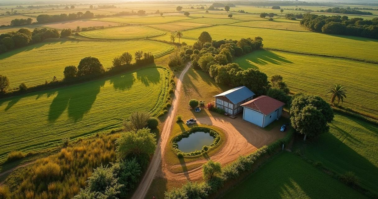 Vista aérea de propriedade rural com áreas de plantio e pasto 