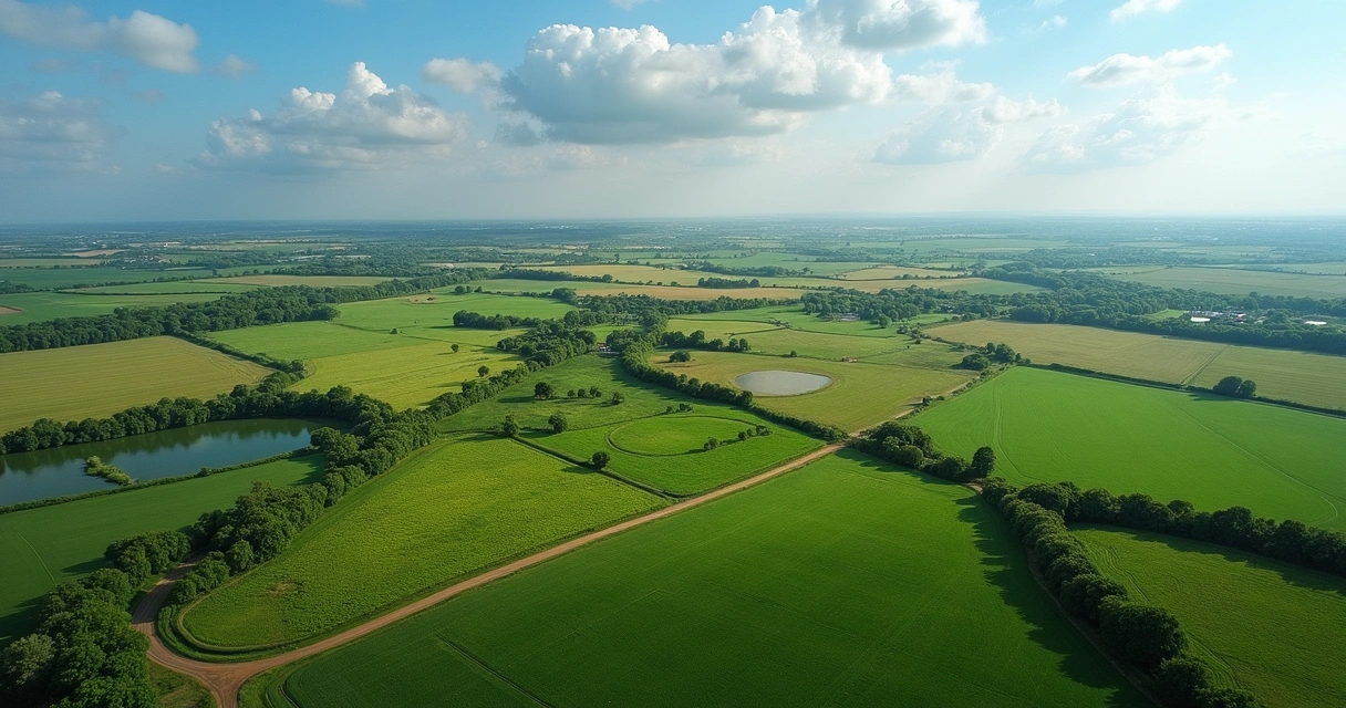Vista aérea de fazenda verde com pasto e pequenos lagos 