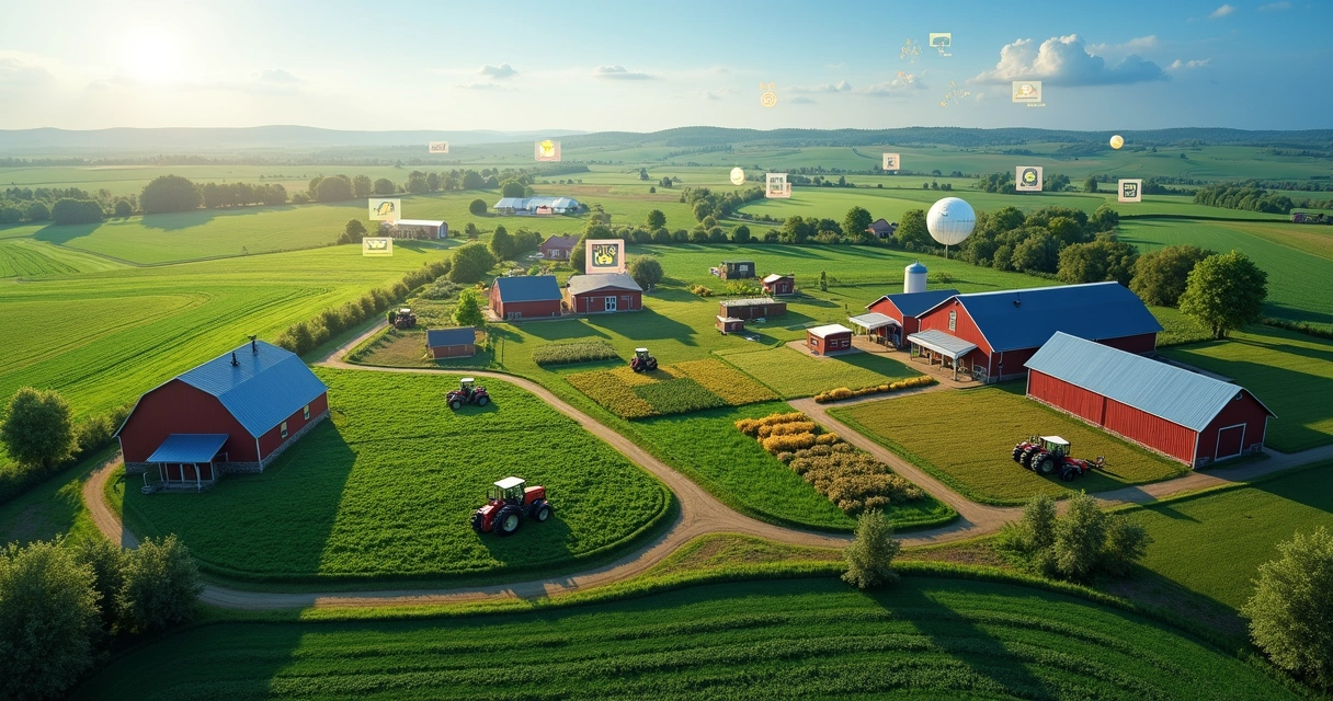 Vista aérea de fazendas organizadas com casas, plantações e tratores em um marketplace rural digital 