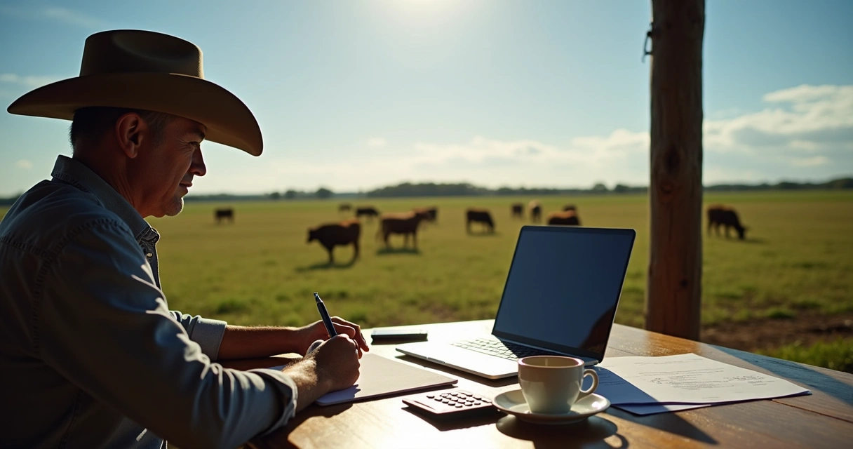 Pessoa calculando gastos em fazenda de gado 