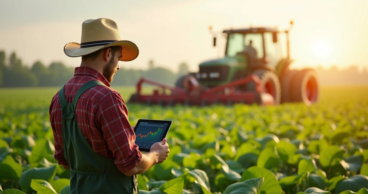 Fazendeiro de chapéu olhando tabela de preços em tablet no meio da plantação