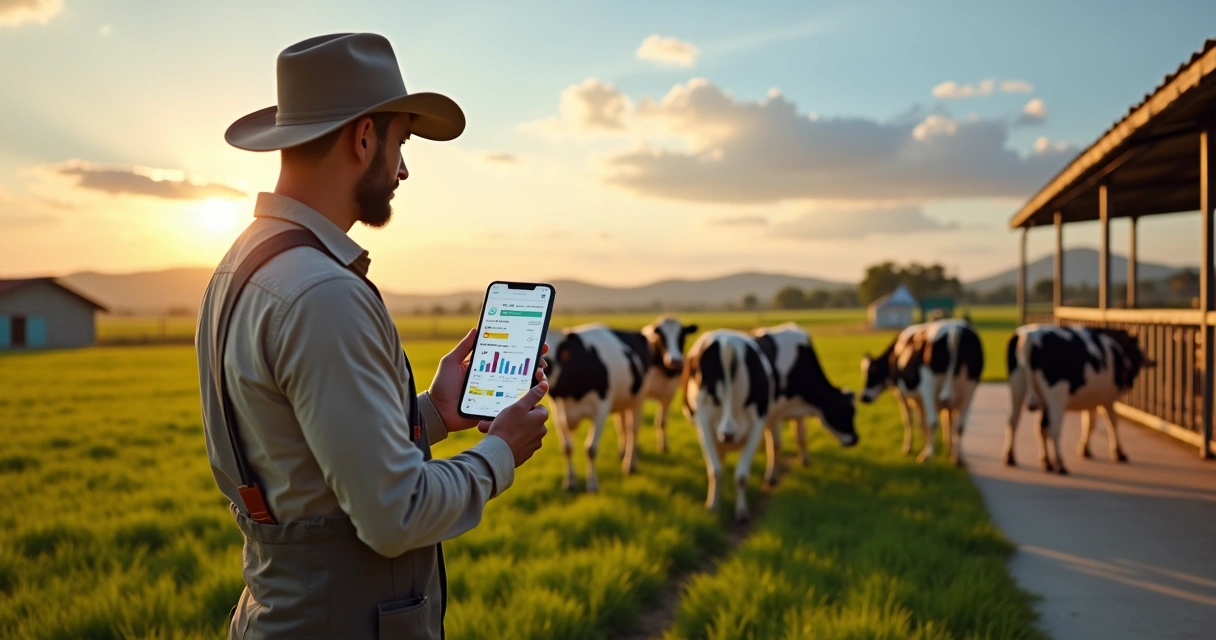 Produtor de leite usando aplicativo no smartphone em frente ao rebanho leiteiro 