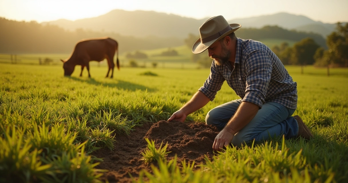 Produtor rural avaliando solo em área de pastagem recuperada 