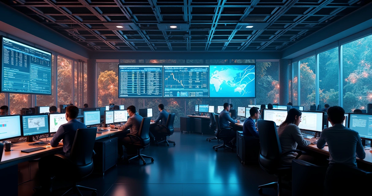 Commodity traders in an office with digital dashboards showing real-time risk analytics, order books, and margin calls