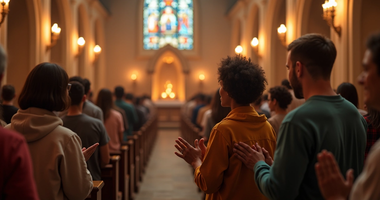 Grupo de pessoas em oração comunidade católica iluminada por luz suave 