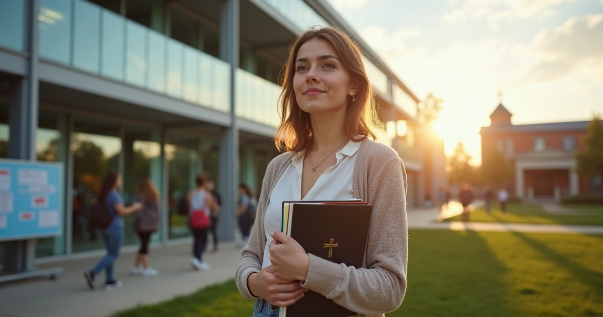 Jovem cristã com Bíblia em uma mão e cadernos acadêmicos na outra em campus universitário 
