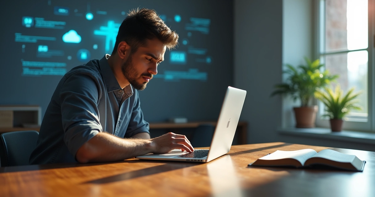 Pessoa trabalhando em computador moderno com Bíblia ao lado e símbolos tecnológicos ao fundo 