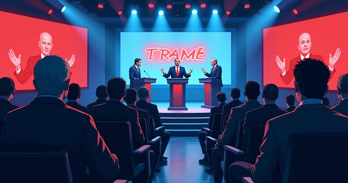 Illustrated concept of politicians stirring public fear during a debate, audience reacting with anxiety 