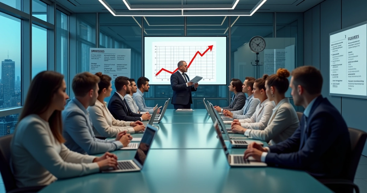 Anxious employees in a modern office watching a boss give harsh feedback 