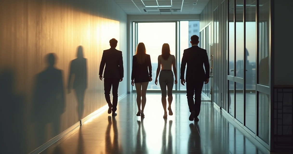 Office team walking down hallway throwing overlapping shadows on the wall 