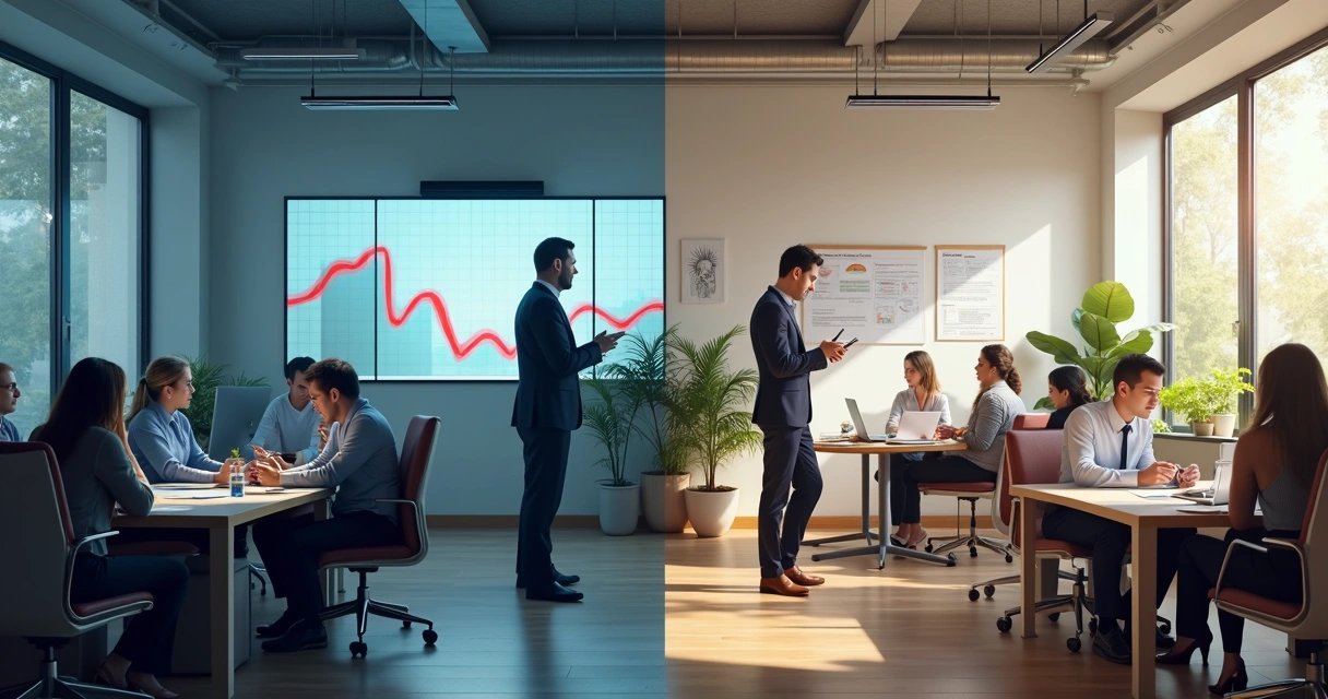 Office scene split between fearful employees and mindful aware team 