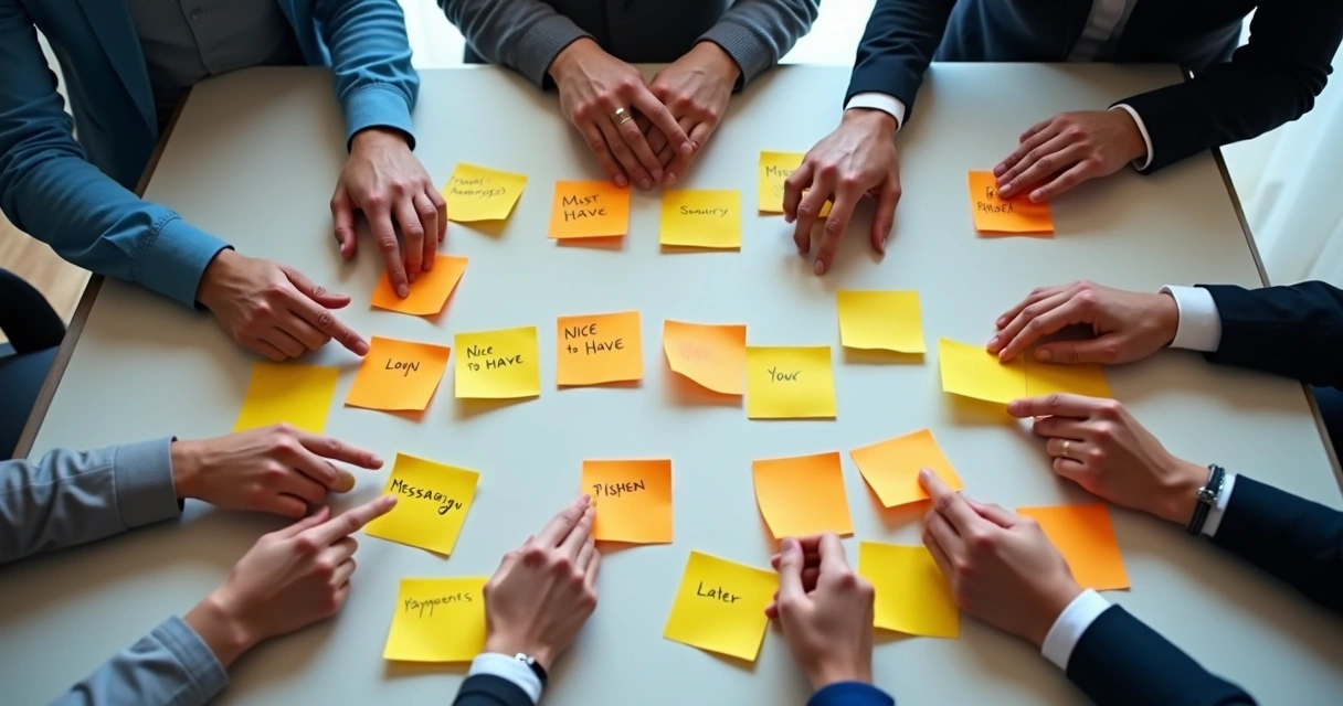 Feature prioritization board with team discussions 