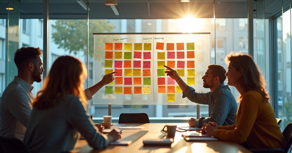 Team using a feature prioritization matrix on glass board in startup office