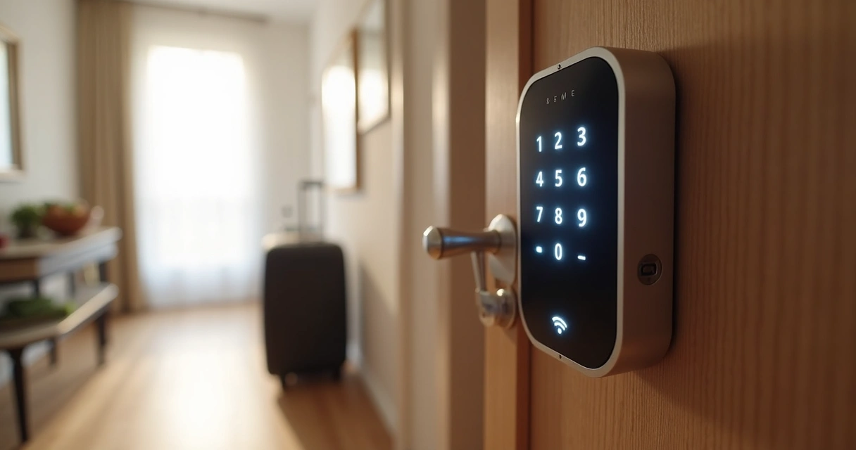Detalhe de fechadura digital inteligente em porta de apartamento moderno 