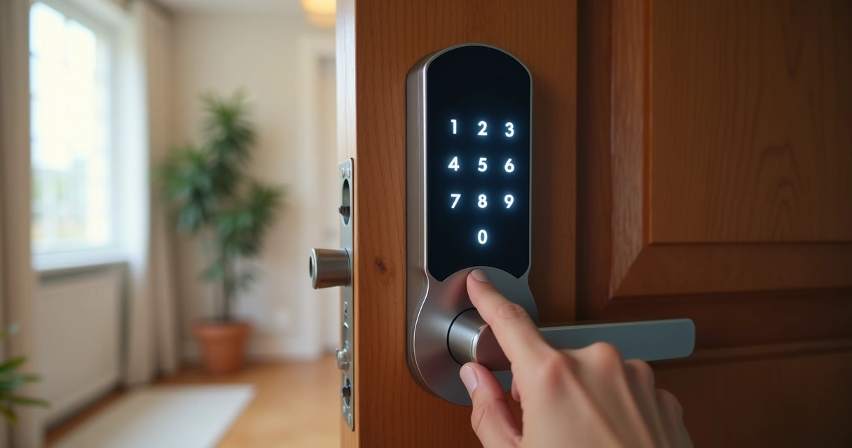 Detalhe de uma fechadura digital com teclado numérico instalada em porta de madeira 
