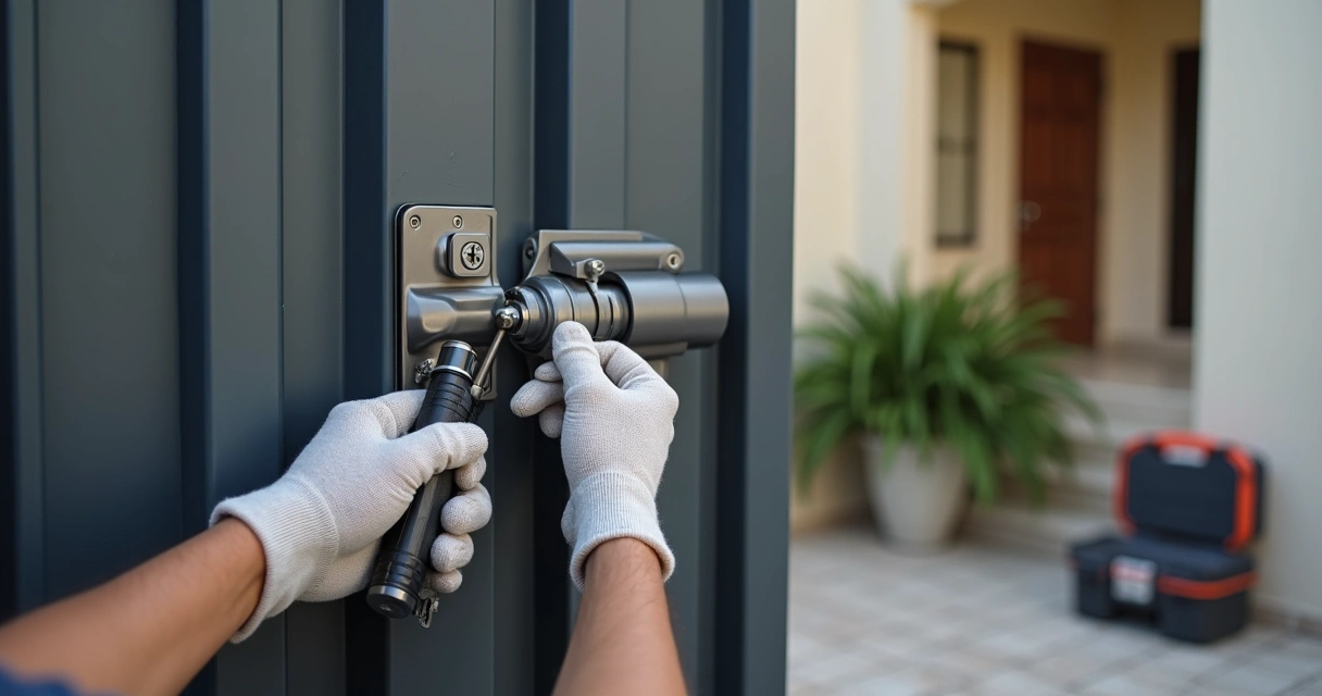Instalador ajustando fechadura elétrica C 90 HDL em portão metálico residencial 