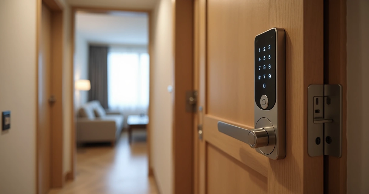Fechadura eletrônica em porta de apartamento de temporada 