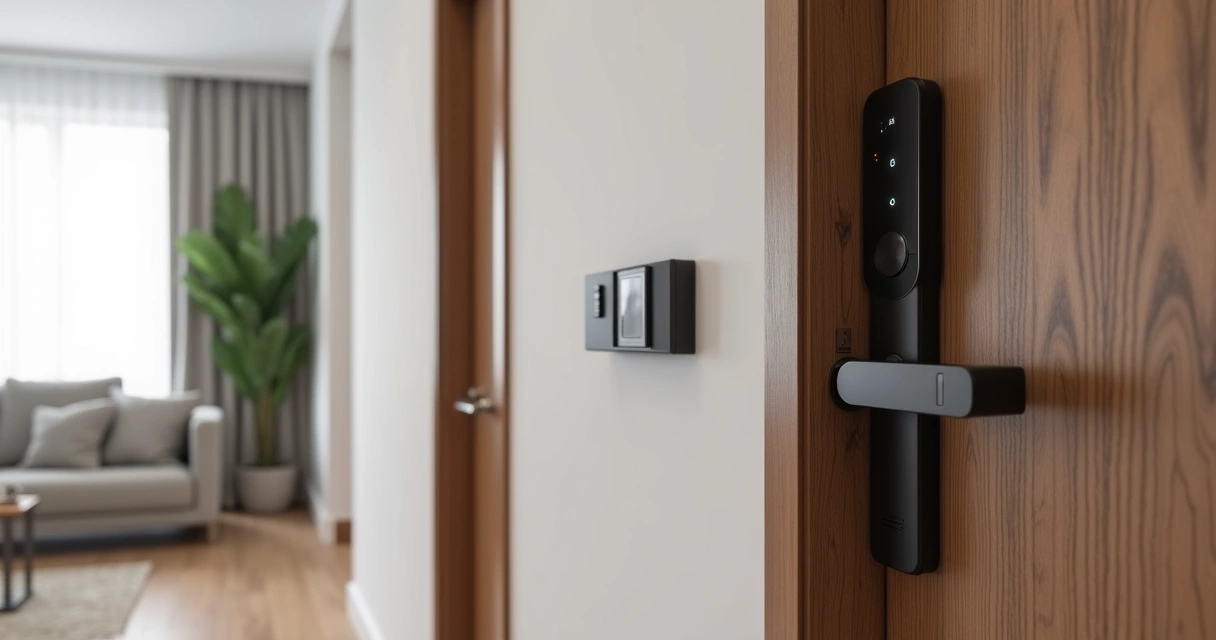 Fechadura eletrônica e painel de automação em apartamento