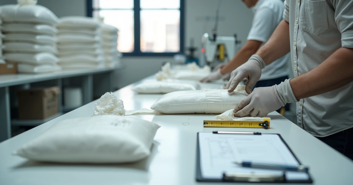 Operário verificando fechamento de saco de ráfia em bancada de fabricação 
