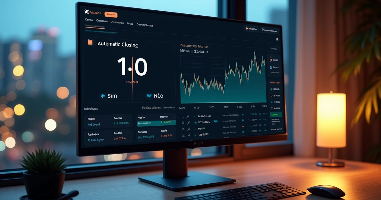 Tela de plataforma financeira com contagem regressiva e gráfico de mercado em fechamento 