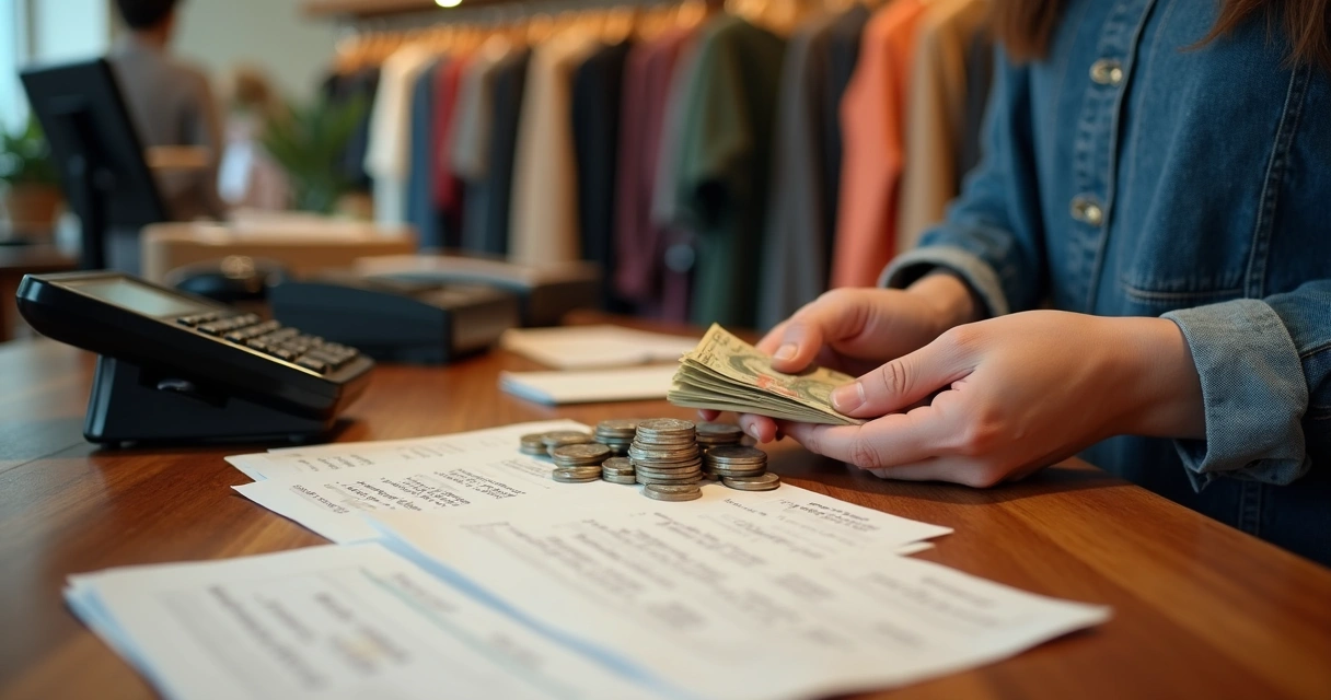 Pessoa contando dinheiro e conciliando relatórios de vendas no fechamento de caixa 