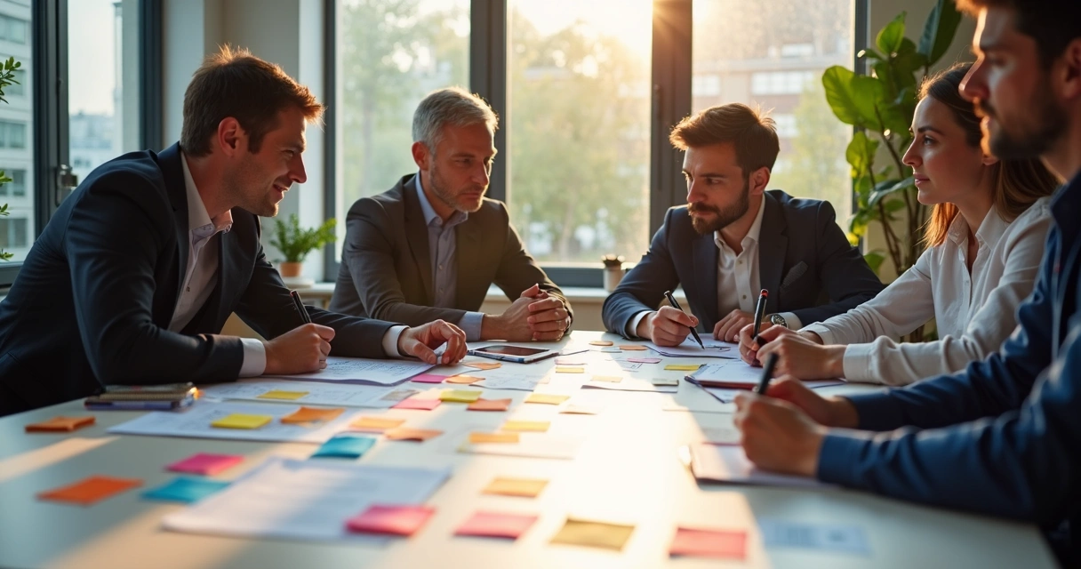 Equipe de uma PME em reunião para fechamento de ciclo de OKR, pessoas ao redor de uma mesa com post-its e gráficos aparecendo, ambiente de colaboração e análise de aprendizados 