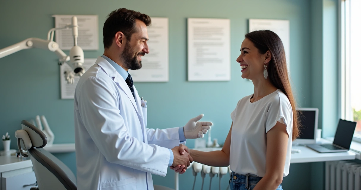 Dentista fecha atendimento sorrindo para paciente em consultório, mostrando confiança 