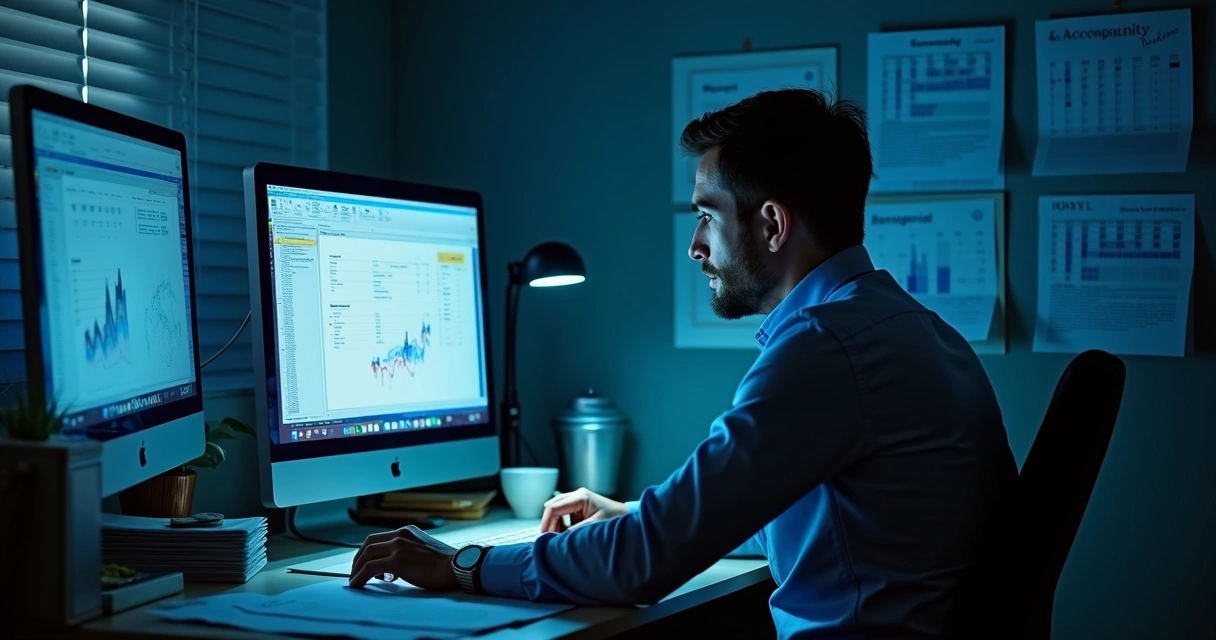 Contador diante de computador à noite, com gráficos na tela 