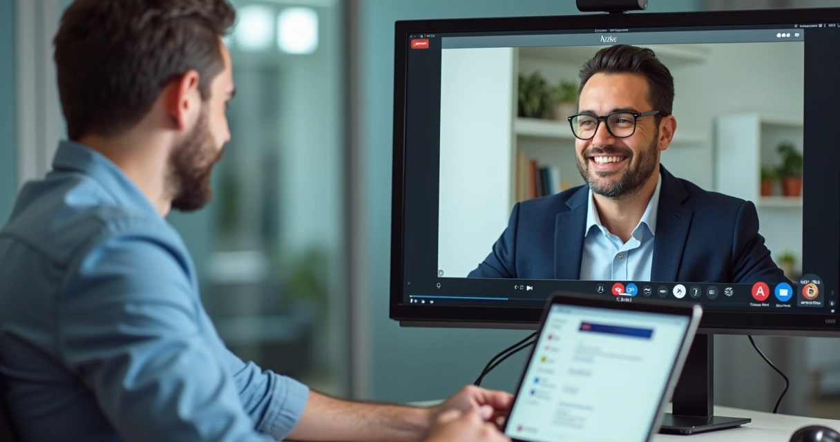 Vendedor e cliente fecham contrato digital em videoconferência, mostrando tela compartilhada 