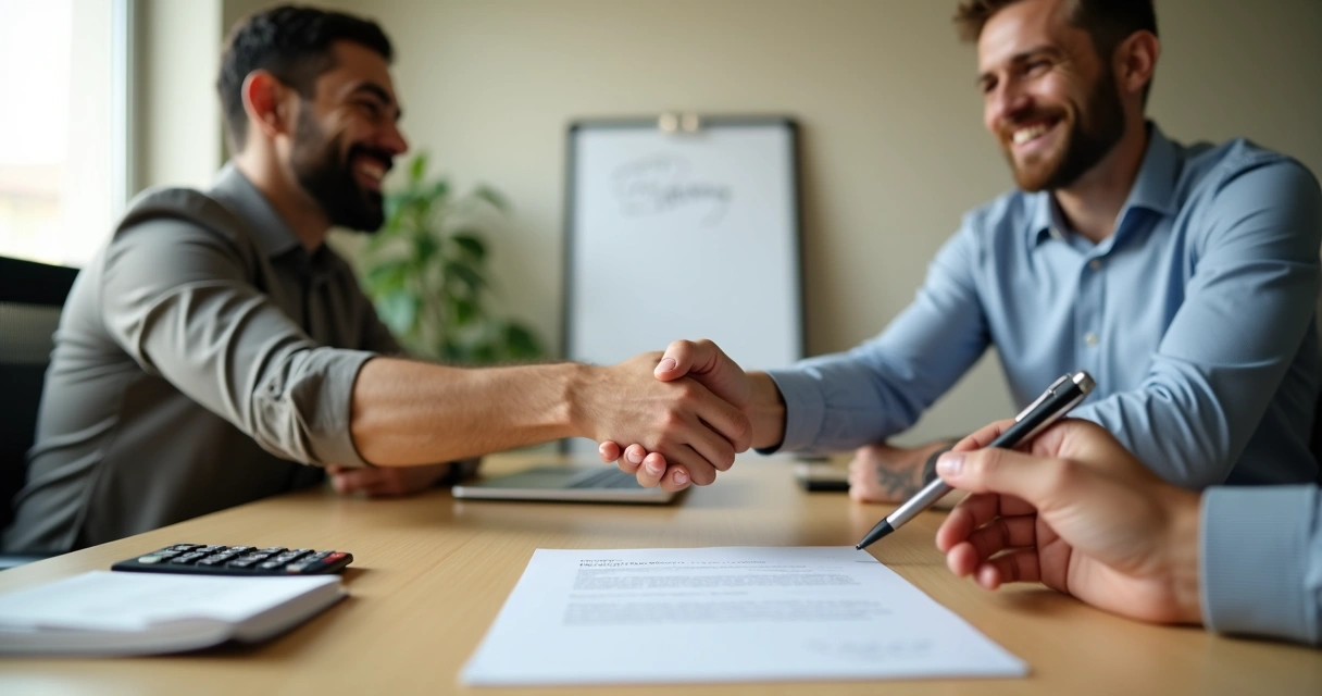 Empresário e cliente cumprimentando-se após assinar contrato de venda 