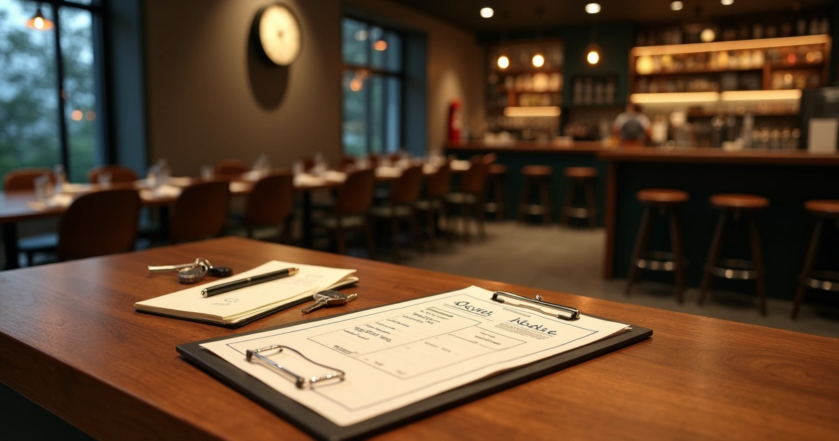 Gestor de restaurante organizando rotina de fechamento diário em bancada com checklist e notebook 