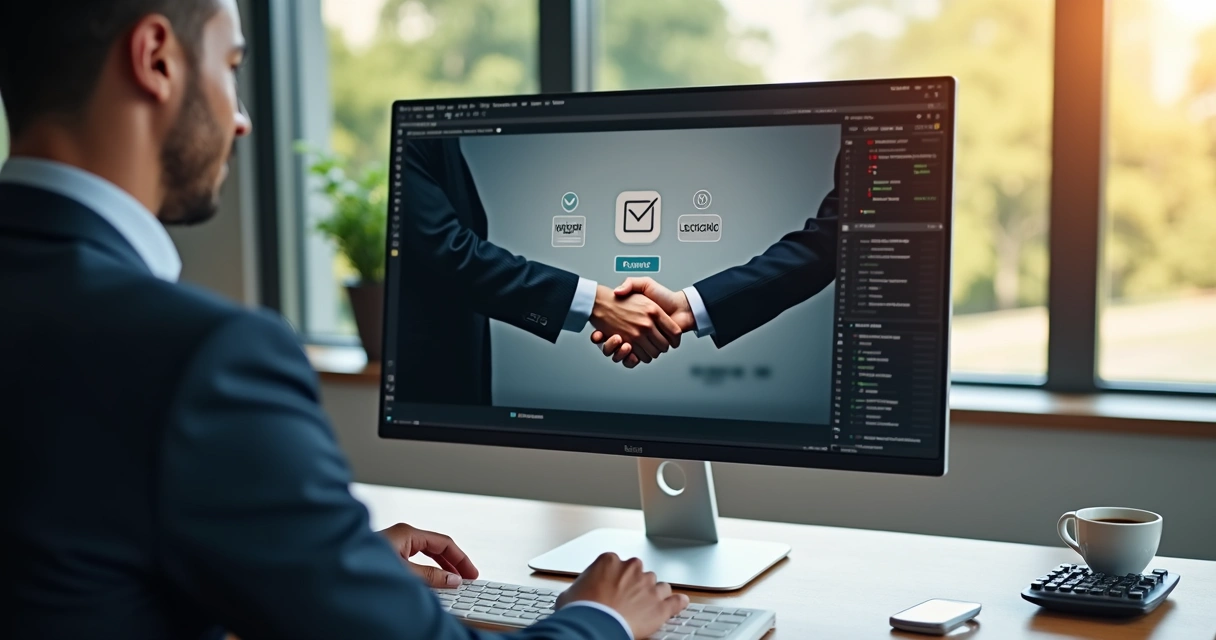 Profissional conferindo contrato digital fechado no computador 