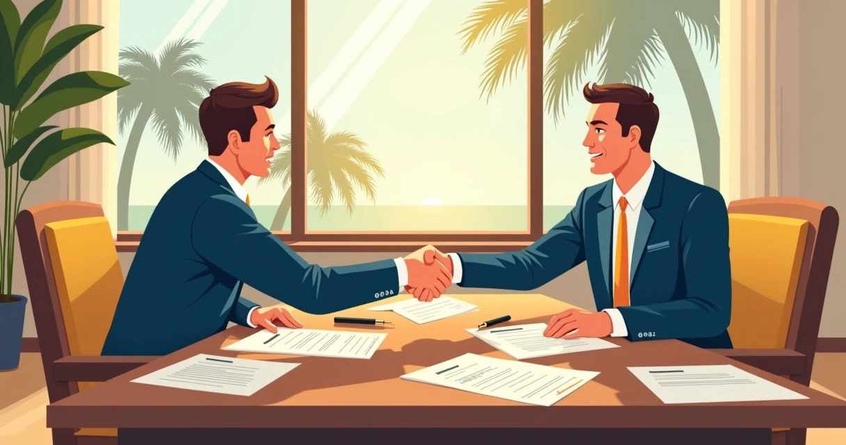 Closing meeting with vacation home documents on the meeting table 