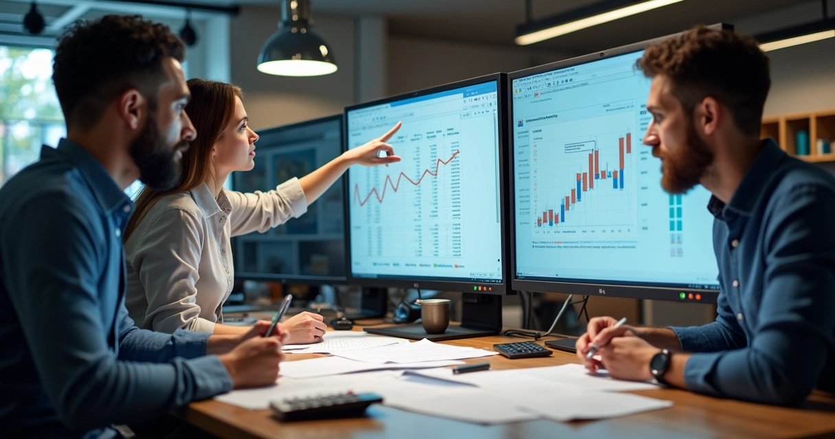 Equipe de varejo analisando gráficos e extratos em telas de computador, documentos sobre a mesa. 