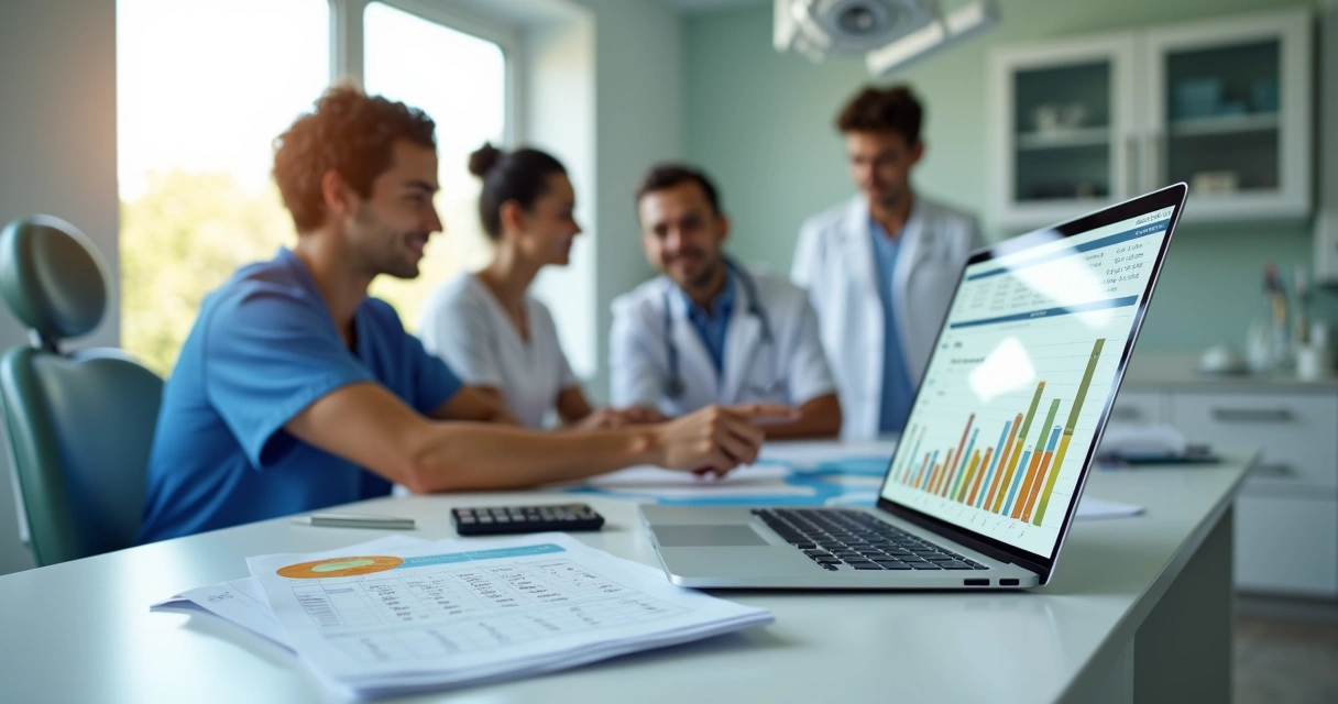 Dentista revisando relatório financeiro da clínica odontológica no computador com equipe ao lado 