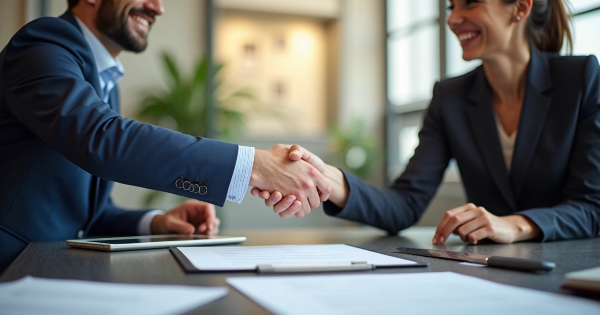 Dois profissionais apertando as mãos após assinar contrato de negócios 