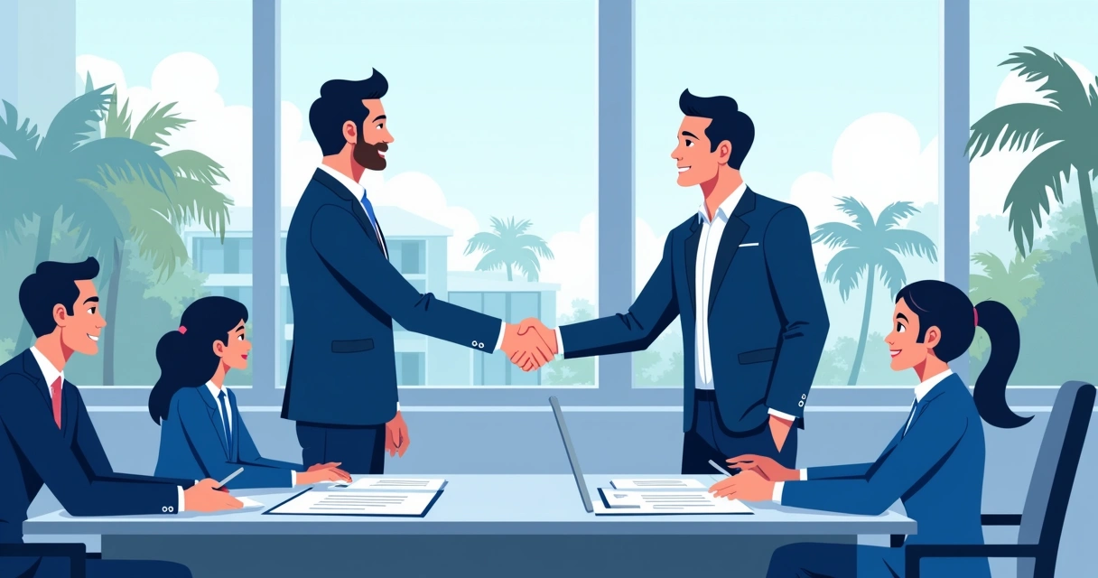 Ilustração de fechamento de negócio imobiliário em Orlando com Daniel Dourado e clientes internacionais 