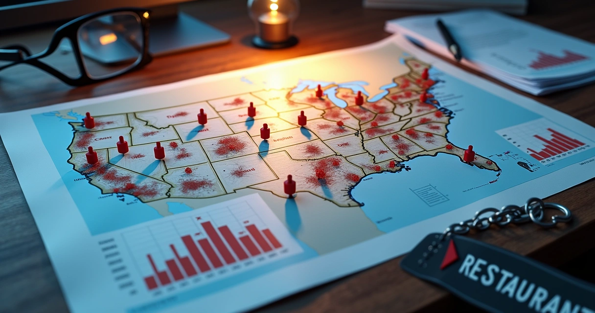 Mapa dos EUA e Canadá com ícones de restaurantes fechados e gráficos em queda 