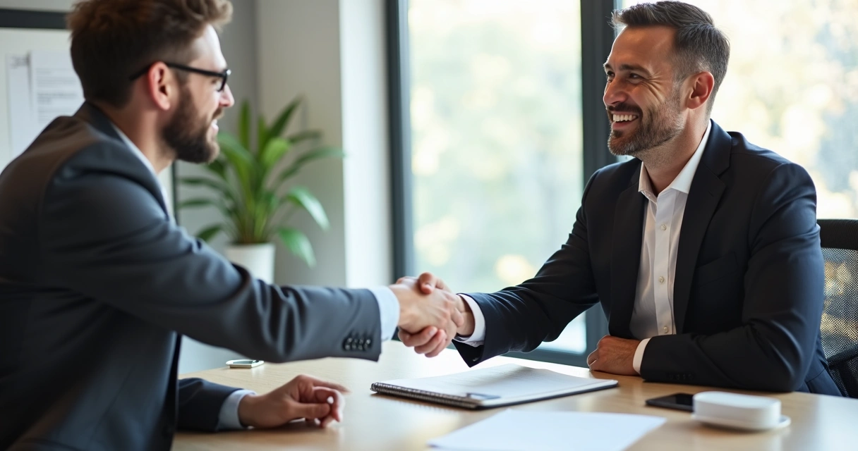 Aperto de mão entre vendedor e cliente após reunião de vendas consultiva 