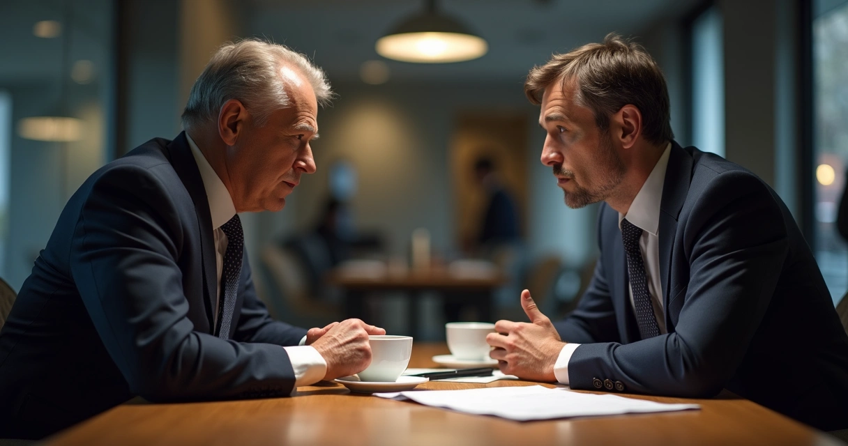 Dois empresários em silêncio na mesa de reunião, expressão séria, aguardando resposta 