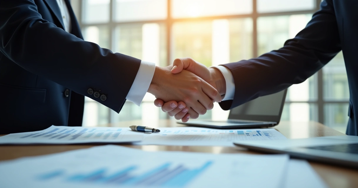 Dois profissionais apertando as mãos fechando negócio B2B 