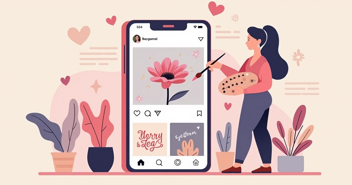 Ilustração flat corporativa de mulher construindo feed feminino no Instagram com elementos de design e tecnologia 